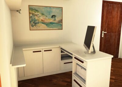 Angolo studio completo di scrivania, cassetti e sportelli