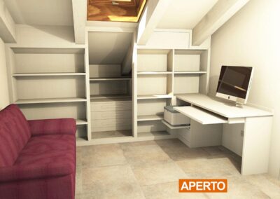 mansarda con scrivania e base estraibile per tastiera e stampante