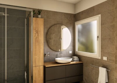 Mobile bagno scuro con top in legno