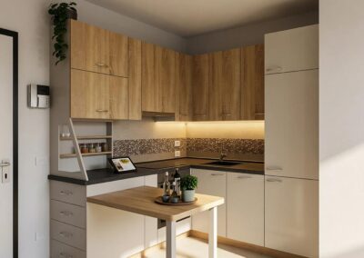 Cucina moderna in legno con tavolo penisola
