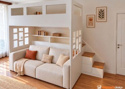 Letto a soppalco in legno di design con divano nella zona inferiore